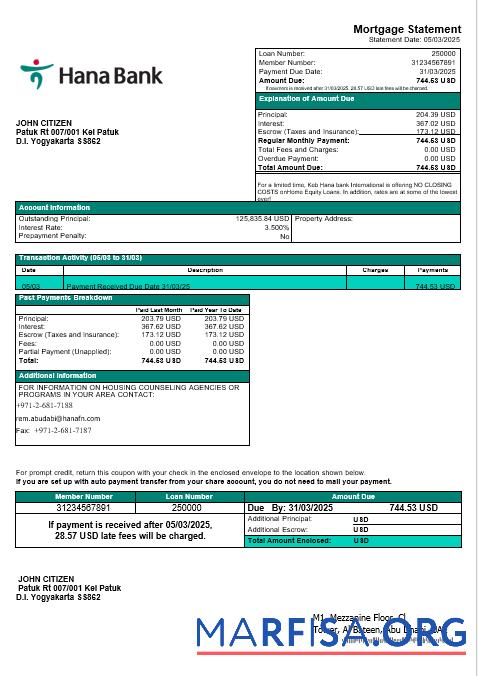 Downloadable UAE Keb Hana bank mortgage statement in Word and PDF formats template